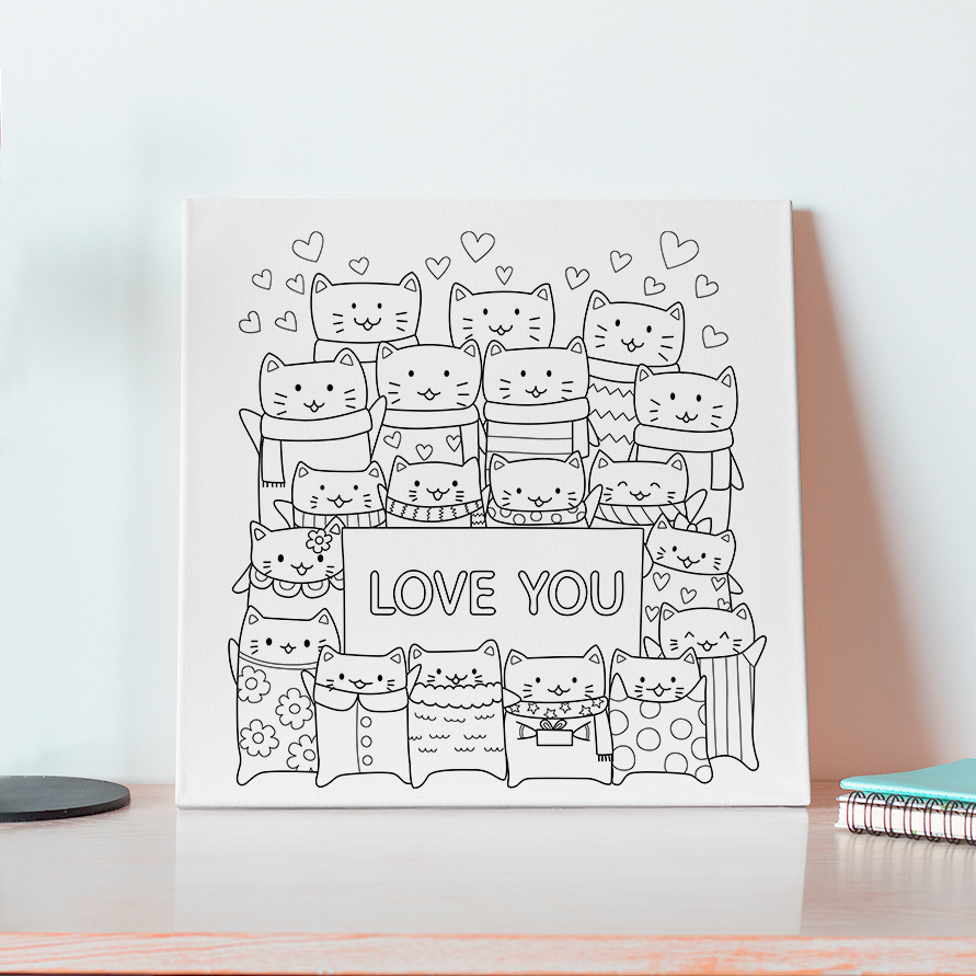 Cats - I Love You Pre-Drawn Coloring Canvas 12x12in